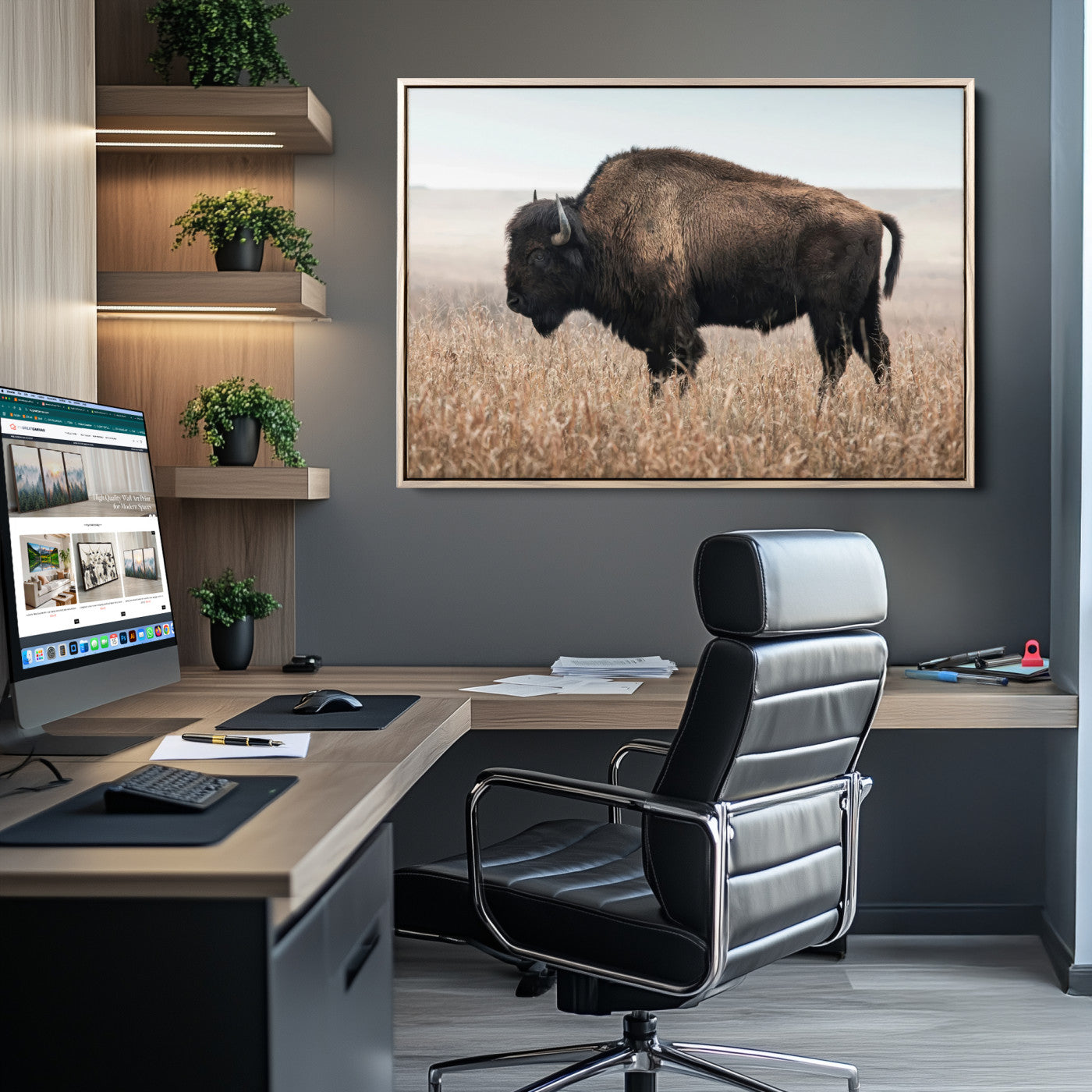 34451925-MGV-CV-36X24-Rustic Bison Decor Wall Art Canvas Print, Framed Buffalo Home Accent Art Picture Print, Prairie Wildlife Scene Perfect Western