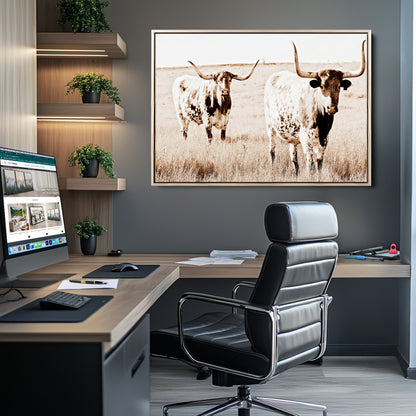 39672786-MGV-CV-36X24-Rustic Cow Scene Wall Art Canvas Print, Framed Farmhouse Style Cattle Art Picture Print, Prairie Animal Duo Perfect Rustic Western