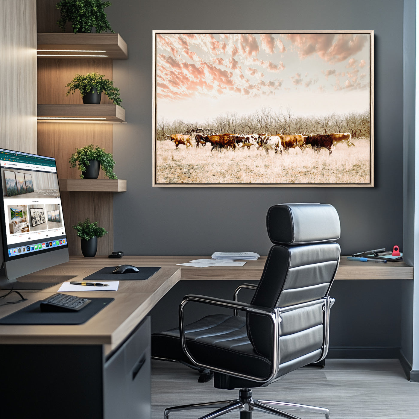 43704663-MGV-CV-36X24-Country Cow Herd Wall Art Canvas Print, Framed Farmhouse Cattle Scene Art Picture Print, Rustic Ranch Decor Perfect Rustic