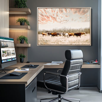 43704663-MGV-CV-36X24-Country Cow Herd Wall Art Canvas Print, Framed Farmhouse Cattle Scene Art Picture Print, Rustic Ranch Decor Perfect Rustic