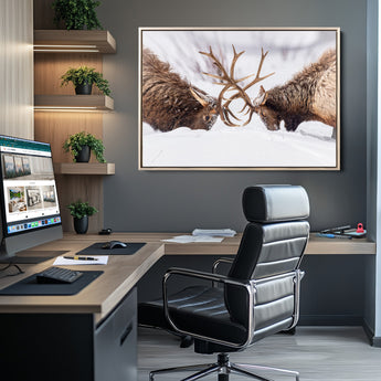 36507609-MGV-CV-36X24-Elk Clash Scene Wall Art Canvas Print, Framed Wildlife Strength Decor Art Picture Print, Snowy Forest Elk Perfect Rustic Lodge