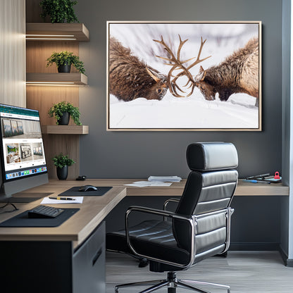 36507609-MGV-CV-36X24-Elk Clash Scene Wall Art Canvas Print, Framed Wildlife Strength Decor Art Picture Print, Snowy Forest Elk Perfect Rustic Lodge