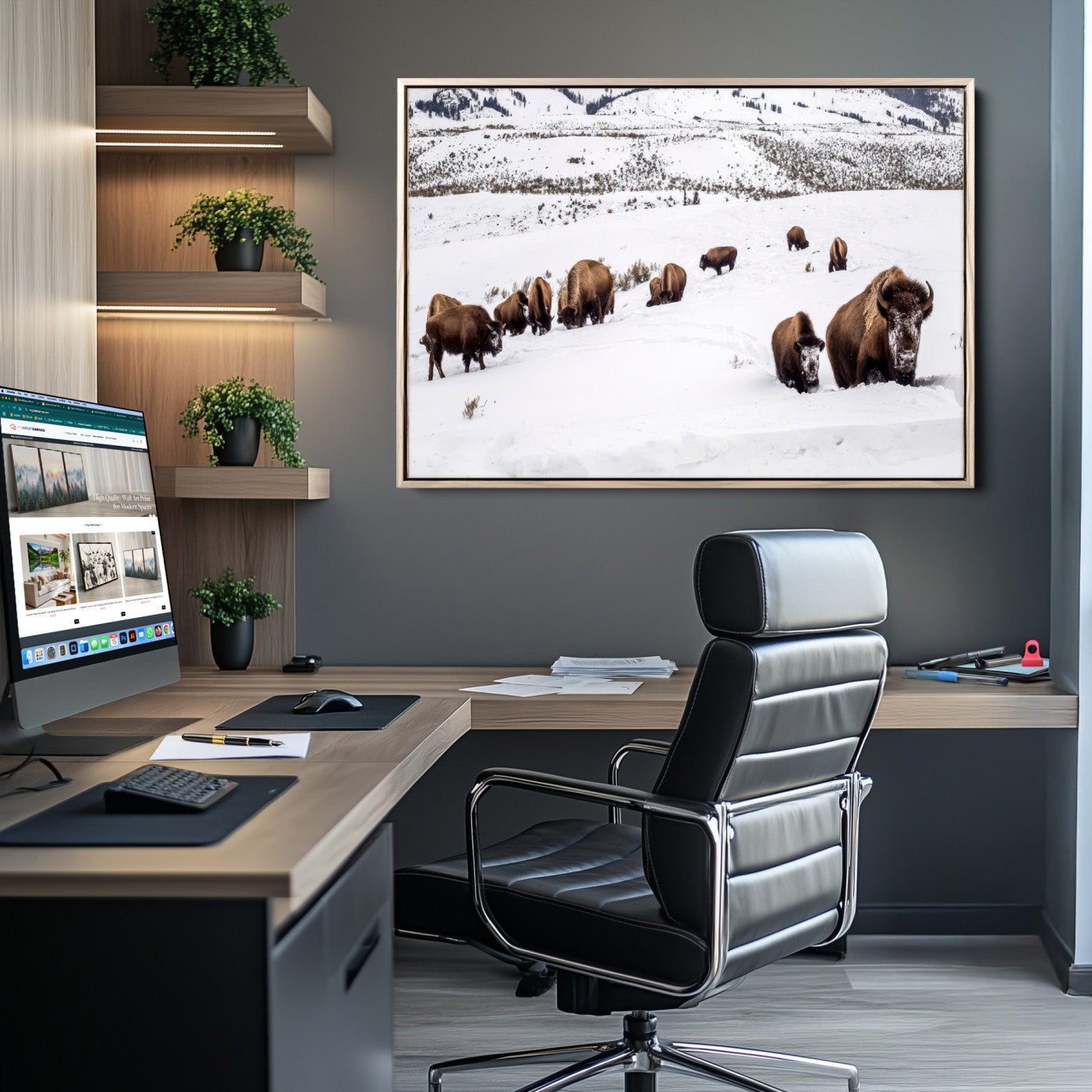 13891210-MGV-CV-36X24-Bison Herd Scene Wall Art Canvas Print, Framed Western Wildlife Decor Art Picture Print, Snowy Mountain Valley Perfect Rustic