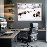 13891210-MGV-CV-36X24-Bison Herd Scene Wall Art Canvas Print, Framed Western Wildlife Decor Art Picture Print, Snowy Mountain Valley Perfect Rustic