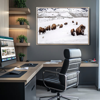 13891210-MGV-CV-36X24-Bison Herd Scene Wall Art Canvas Print, Framed Western Wildlife Decor Art Picture Print, Snowy Mountain Valley Perfect Rustic