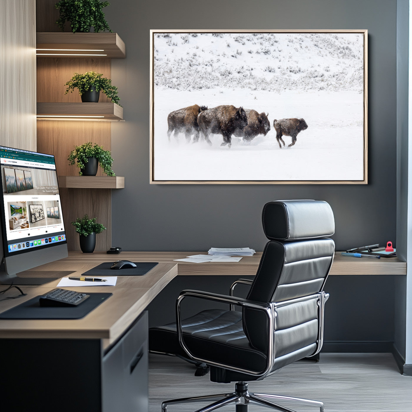 56216945-MGV-CV-36X24-Bison Herd Decor Wall Art Canvas Print, Framed Snowy Bison Scene Art Picture Print, Winter Wildlife Theme Perfect Rustic Western