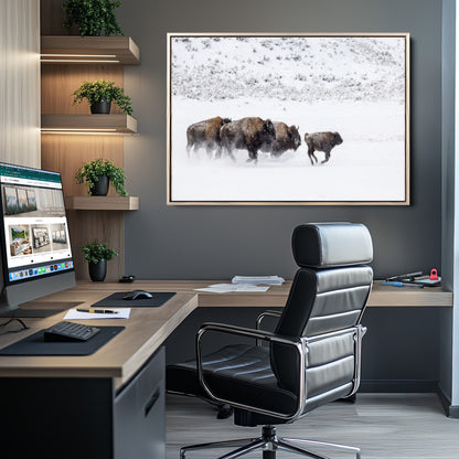 56216945-MGV-CV-36X24-Bison Herd Decor Wall Art Canvas Print, Framed Snowy Bison Scene Art Picture Print, Winter Wildlife Theme Perfect Rustic Western