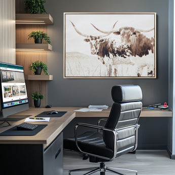 48161868-MGV-CV-36X24-Longhorn Cow Decor Wall Art Canvas Print, Framed Rustic Cattle Art Picture Print, Sepia Western Vibe Perfect Neutral Rustic