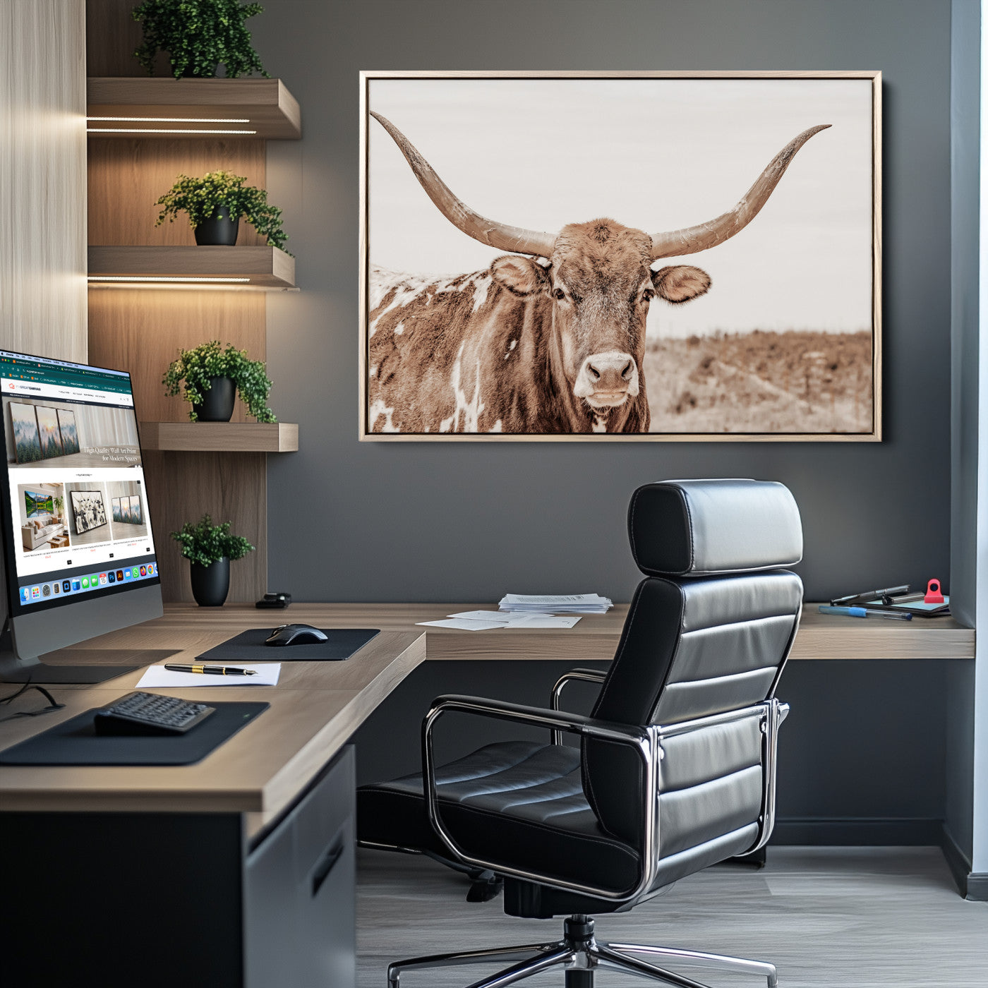 77810049-MGV-CV-36X24-Longhorn Bull Photo Wall Art Canvas Print, Framed Rustic Cow Decor Art Picture Print, Neutral Farmhouse Style Perfect Rustic