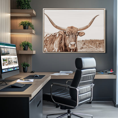 77810049-MGV-CV-36X24-Longhorn Bull Photo Wall Art Canvas Print, Framed Rustic Cow Decor Art Picture Print, Neutral Farmhouse Style Perfect Rustic