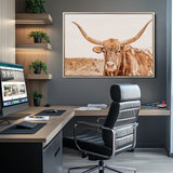 74406977-MGV-CV-36X24-Longhorn Bull Decor Wall Art Canvas Print, Framed Western Cow Theme Art Picture Print, Rustic Farmhouse Wall Perfect Neutral