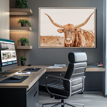 74406977-MGV-CV-36X24-Longhorn Bull Decor Wall Art Canvas Print, Framed Western Cow Theme Art Picture Print, Rustic Farmhouse Wall Perfect Neutral