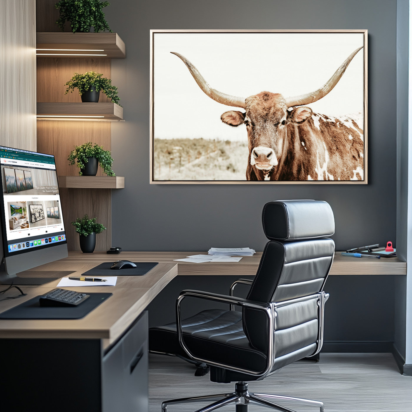 98924580-MGV-CV-36X24-Texas Longhorn Bull Wall Art Canvas Print, Framed Rustic Farmhouse Decor Art Picture Print, Western Animal Theme Perfect Rustic