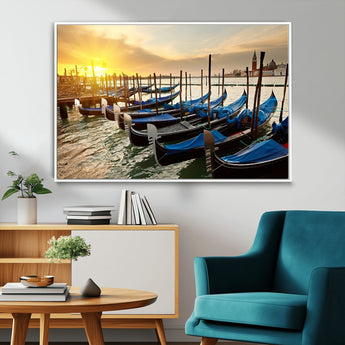 25872-MGV-FC-36X24_White-Venetian Gondola Dock Wall Art – Serene Sunset Canal Canvas Print, Tranquil Water Travel Decor for Office, Living Room, or Man