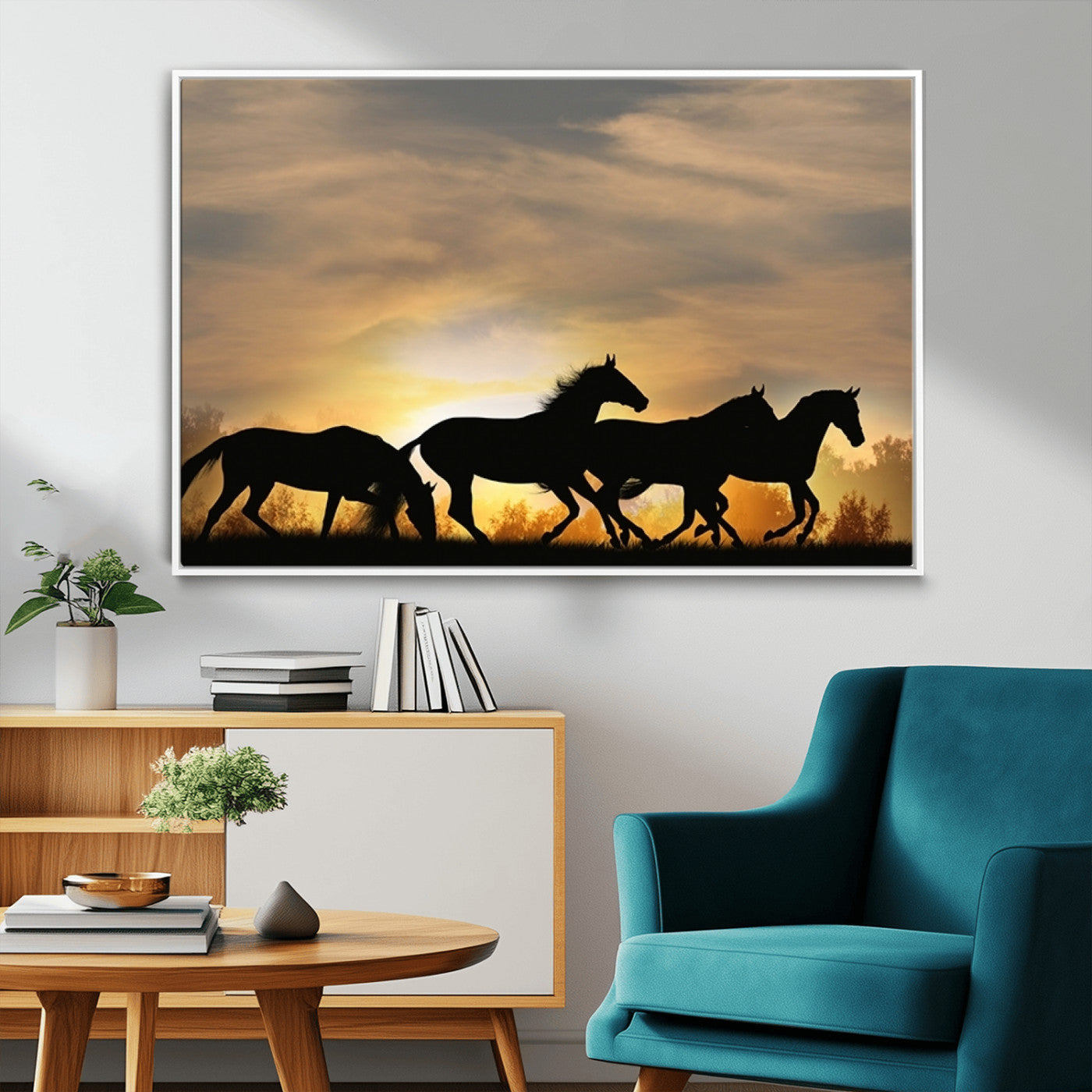16620-MGV-CV-36X24-Sunset Stallions Wall Art – Silhouetted Horses Running Canvas Print, Nature’s Rhythm, Perfect for Living Room, Office, or Man Cave