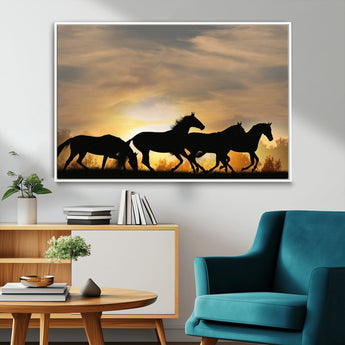 16620-MGV-CV-36X24-Sunset Stallions Wall Art – Silhouetted Horses Running Canvas Print, Nature’s Rhythm, Perfect for Living Room, Office, or Man Cave