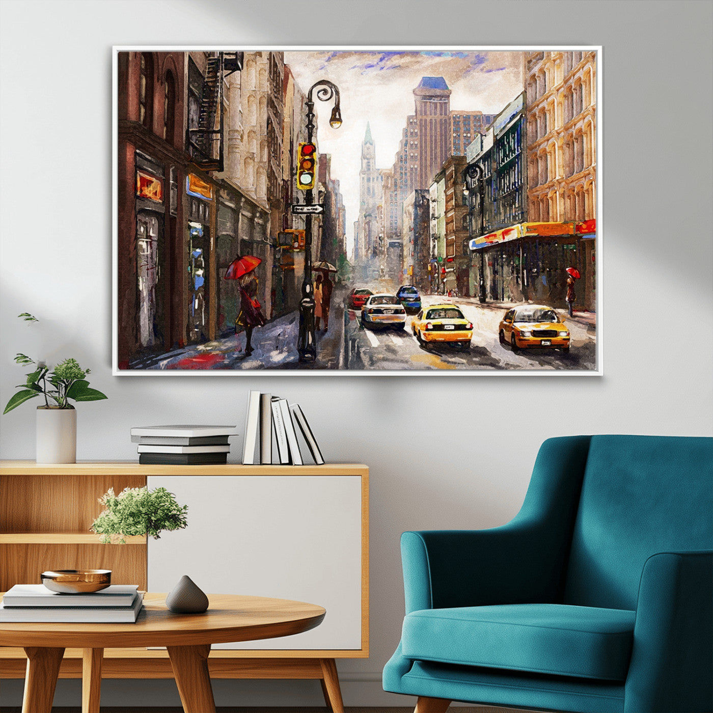 72995-MGV-CV-36X24-Colorful NYC Street Wall Art – Vibrant Cityscape with Red Umbrellas and Yellow Taxis Canvas Print, Urban Decor for Living Room or