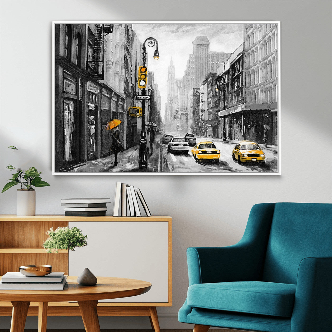32362-MGV-FC-36X24_White-NYC Street Wall Art – Black and White Cityscape with Yellow Taxis and Umbrella Canvas Print, Urban Home Decor for Living Room or