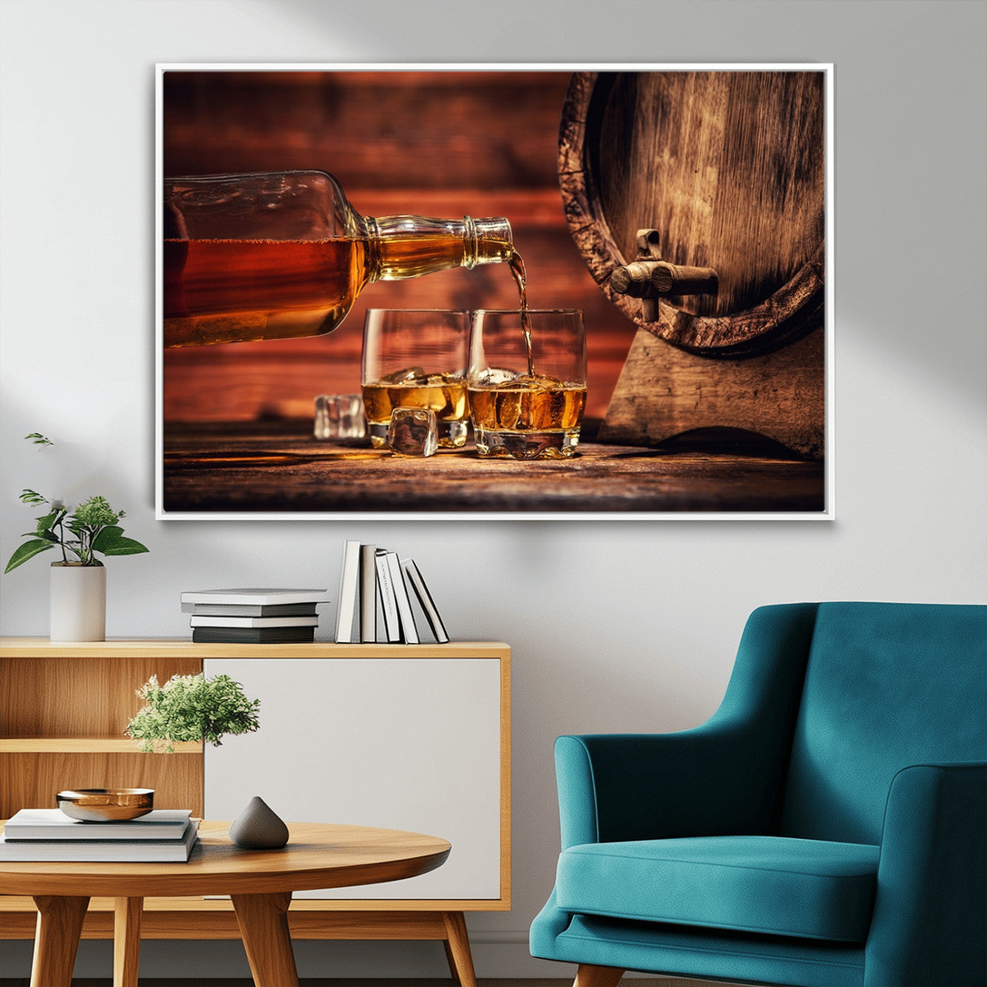 52458-MGV-CV-36X24-Whiskey Pour Wall Art – Elegant Whiskey Bottle Pouring into Glasses Canvas Print, Refined Bar or Lounge Decor for Home, Office, or