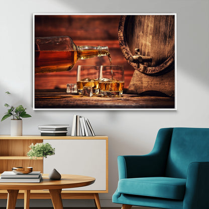 52458-MGV-CV-36X24-Whiskey Pour Wall Art – Elegant Whiskey Bottle Pouring into Glasses Canvas Print, Refined Bar or Lounge Decor for Home, Office, or