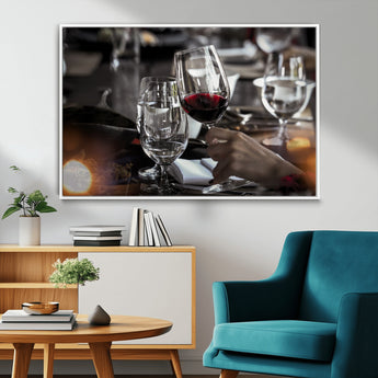 75513-MGV-FC-36X24_White-Elegant Wine Toast Wall Art – Close-Up Red Wine Glass at Dinner Table Canvas Print, Sophisticated Dining Room or Bar Decor