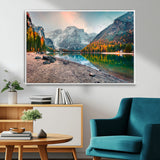 25982-MGV-CV-36X24-Autumn Mountain Lake Wall Art – Panoramic Fall Foliage and Snowy Peaks Canvas Print, Scenic Nature Decor for Living Room or Office