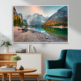 25982-MGV-CV-36X24-Autumn Mountain Lake Wall Art – Panoramic Fall Foliage and Snowy Peaks Canvas Print, Scenic Nature Decor for Living Room or Office