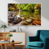 98096-MGV-FC-36X24_White-Serene River Waterfall Nature Photo – Calm Clear Water, Vibrant Green Forest and Smooth Stones Landscape Wall Art for Home or