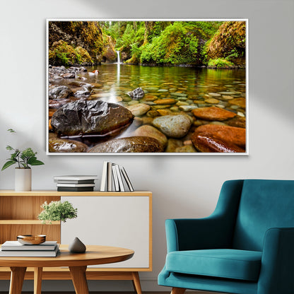98096-MGV-FC-36X24_White-Serene River Waterfall Nature Photo – Calm Clear Water, Vibrant Green Forest and Smooth Stones Landscape Wall Art for Home or