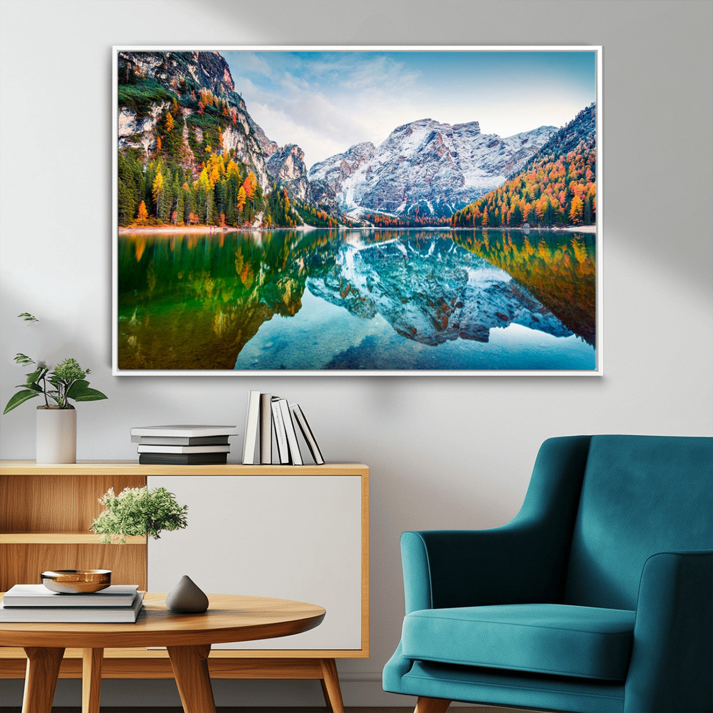 10402-MGV-CV-36X24-Snowy Mountain Lake Wall Art – Autumn Landscape Canvas Print with Reflection, Nature Decor for Living Room, Office, Bedroom or