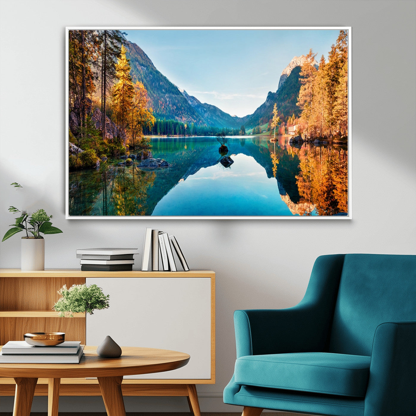 32962-MGV-FC-36X24_White-Mountain Lake Wall Art – Tranquil Autumn Landscape Canvas Print, Nature Reflection Decor for Living Room, Bedroom, Office or Cabin