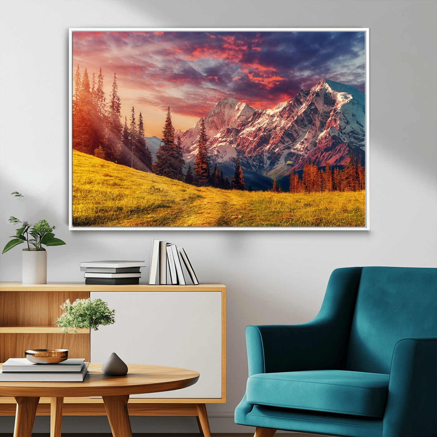 83947-MGV-FC-36X24_White-Sunset Mountain Landscape Wall Art – Panoramic Alpine Meadow and Snow Capped Peaks Canvas Print, Nature Scenic Decor for Home,