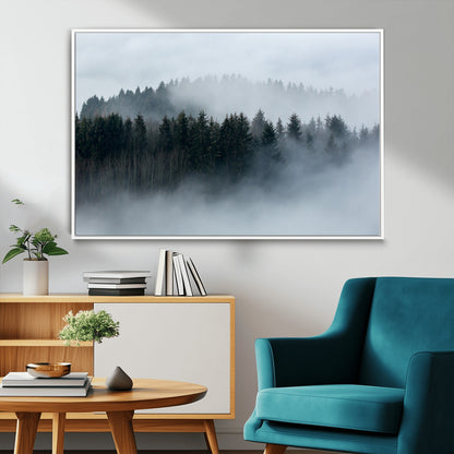 42596-MGV-FC-36X24_White-Misty Forest Wall Art – Atmospheric Pine Trees Canvas Print, Nature Landscape Decor for Living Room, Bedroom, Office, or Cabin