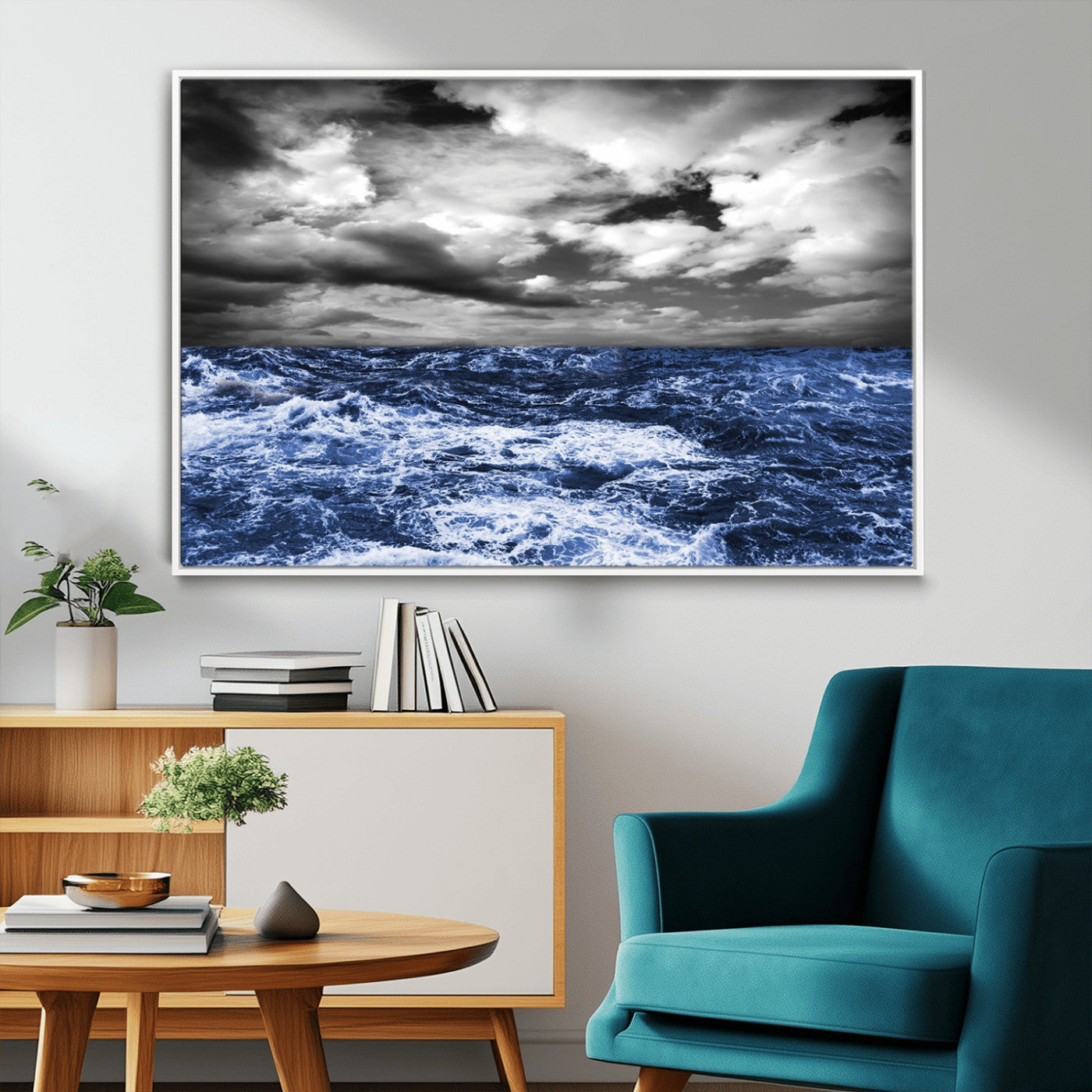 36012-MGV-CV-36X24-Dramatic Stormy Ocean Waves Black and White with Deep Blue Highlights – Moody Seascape Wall Art, Nature Photography Print for Home