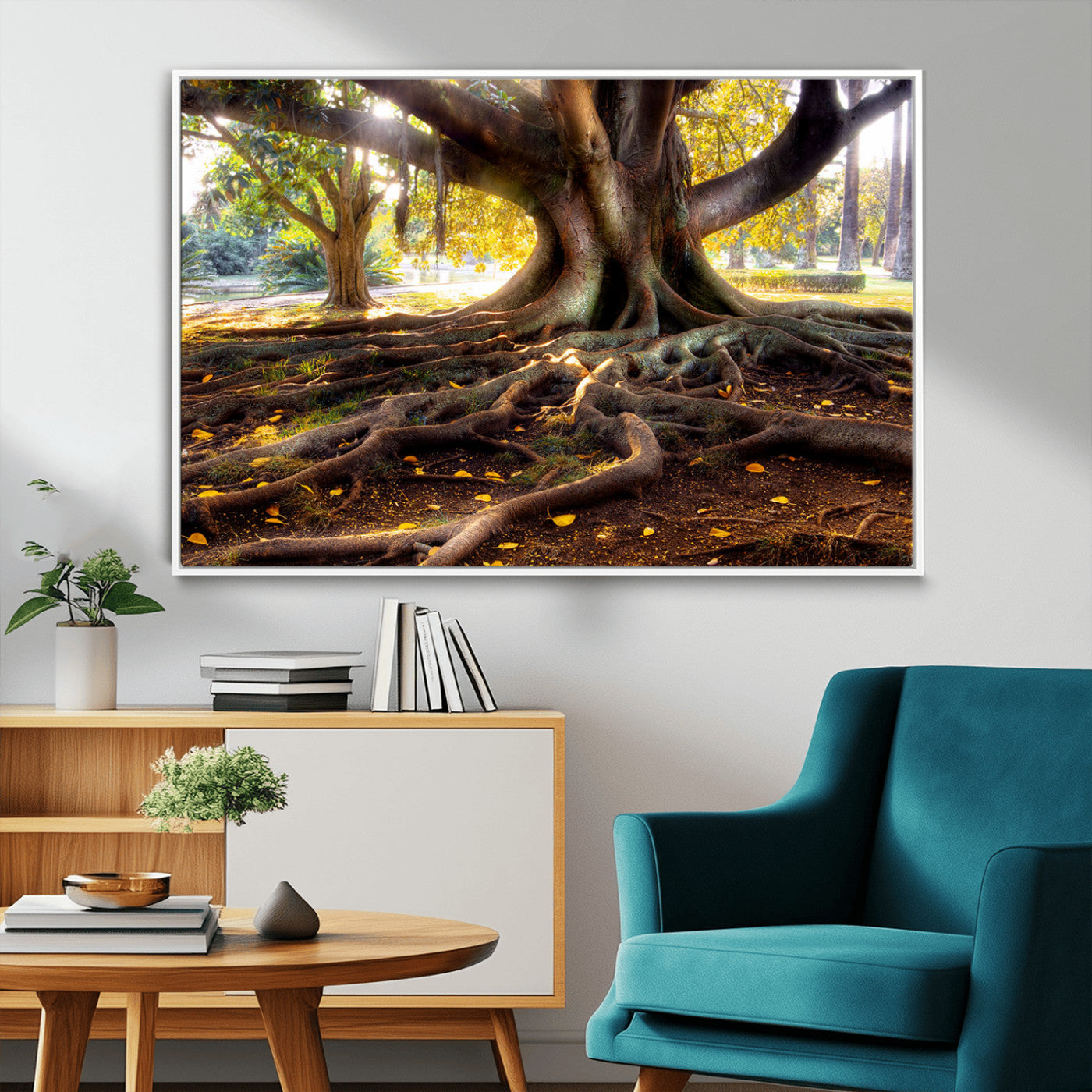 53335-MGV-FC-36X24_White-Majestic Tree with Sprawling Roots Wall Art – Serene Sunlit Park Scene, Nature Canvas Print, Perfect for Living Room, Office or