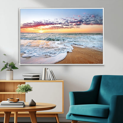 39560-MGV-CV-36X24-Sunrise Beach Wall Art – Vibrant Ocean Waves and Golden Sand Canvas Print, Seaside Coastal Decor for Living Room, Bedroom or