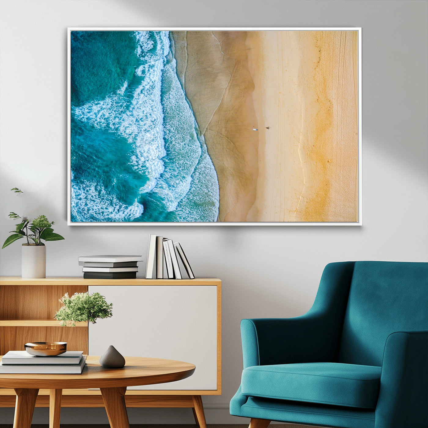 46640-MGV-CV-36X24-Aerial Beach Wall Art – Turquoise Waves and Golden Sand Canvas Print with Lone Surfer, Coastal Ocean Decor for Living Room,