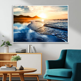 86173-MGV-FC-36X24_White-Golden Sunset Beach Wall Art – Reflective Ocean Canvas Print with Mountains and Waves, Coastal Nature Decor for Living Room,