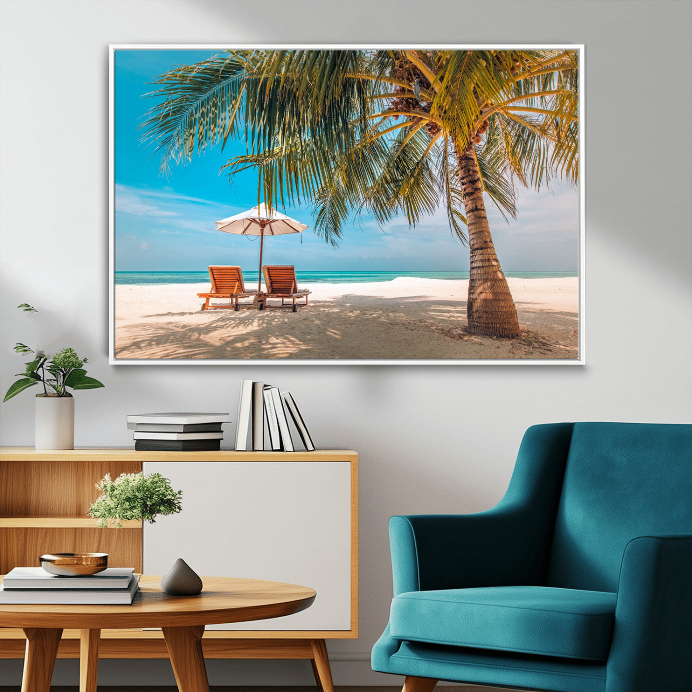 69754-MGV-CV-36X24-Tropical Beach Wall Art – Relaxing Palm Tree and Lounge Chairs Canvas Print, Serene Coastal Decor for Living Room, Bedroom, Office