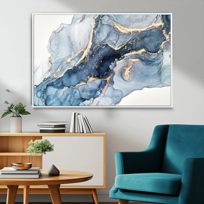 33782-MGV-FC-36X24_White-Abstract Marble Wall Art – Blue & Gold Fluid Painting Canvas Print, Modern Home Decor for Living Room, Bedroom or Office