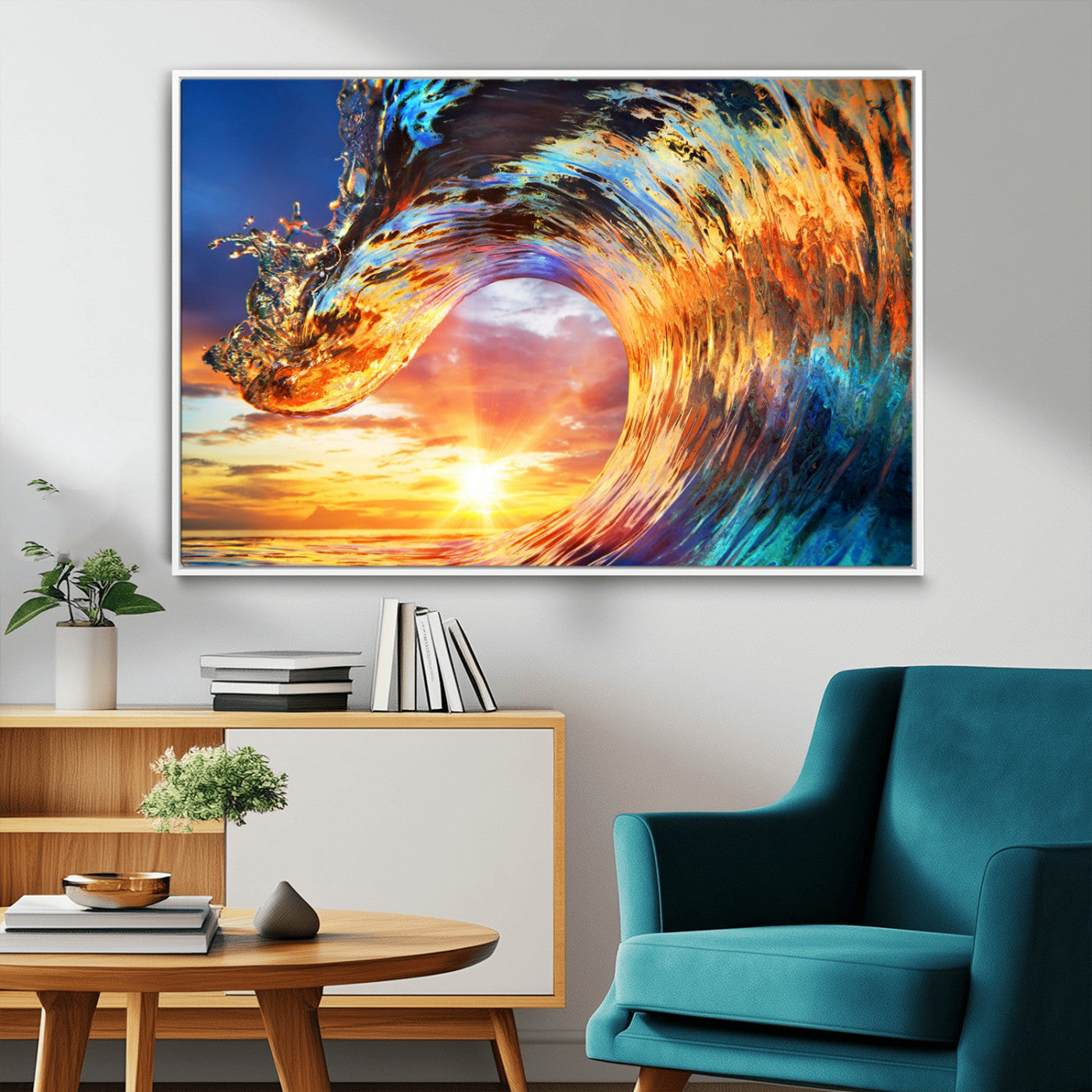 52890-MGV-CV-36X24-Surfing Wave Wall Art Canvas Print, Framed Sunset Ocean Art Picture Print, Ocean Wave Perfect Nautical Decor Artwork
