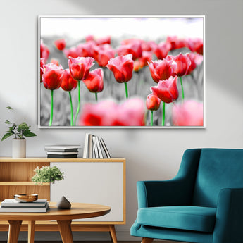 44554-MGV-CV-36X24-Vibrant red tulips stand out beautifully against a black-and-white background, making a striking decor piece perfect for any home