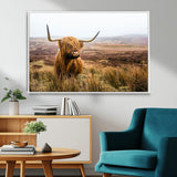 79391-MGV-FC-36X24_White-Majestic Highland Cow in Misty Scottish Moorland – Rustic Natural Charm, Perfect for Unique Home or Office Decor