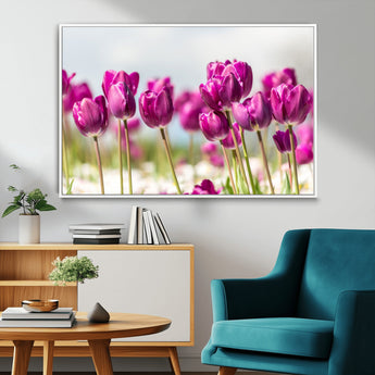 30632-MGV-FC-36X24_White-Purple Tulip Field Wall Art – Beautiful Spring Flowers Canvas Print with Soft Focus and Bright Sky, Ideal Floral Decor for Home or