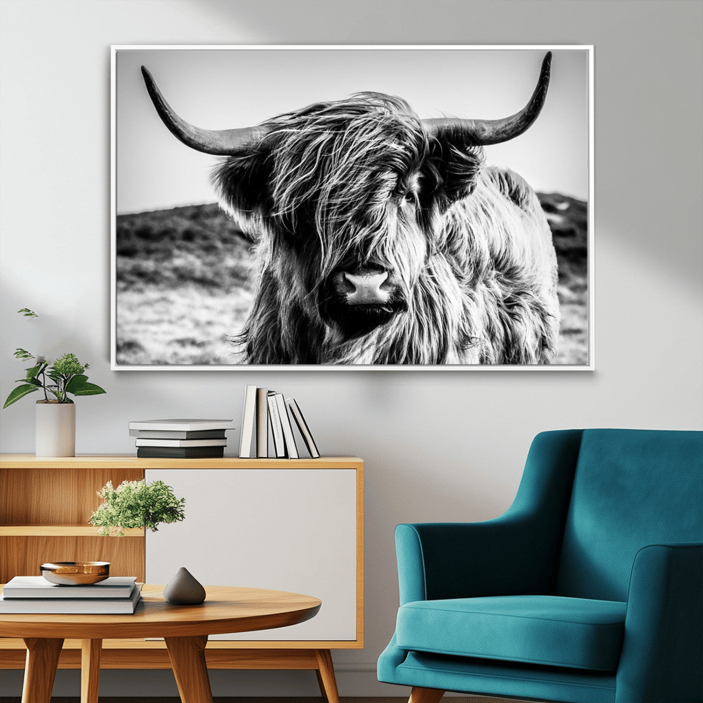 36979-MGV-FC-36X24_White-Striking black-and-white portrait of a Highland cow with flowing fur and majestic horns, perfect for rustic and elegant home or