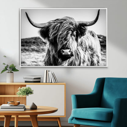 36979-MGV-FC-36X24_White-Striking black-and-white portrait of a Highland cow with flowing fur and majestic horns, perfect for rustic and elegant home or