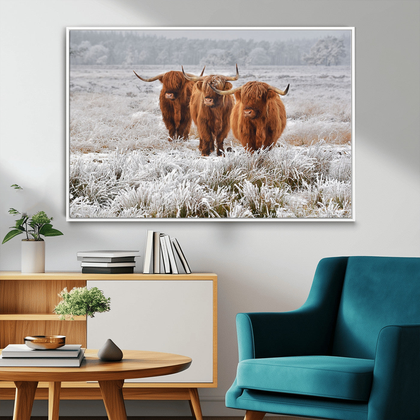 10396-MGV-CV-36X24-Highland Cattle Wall Art – Rustic Winter Landscape Canvas Print, Farmhouse Decor for Living Room, Office, Cabin or Country Home
