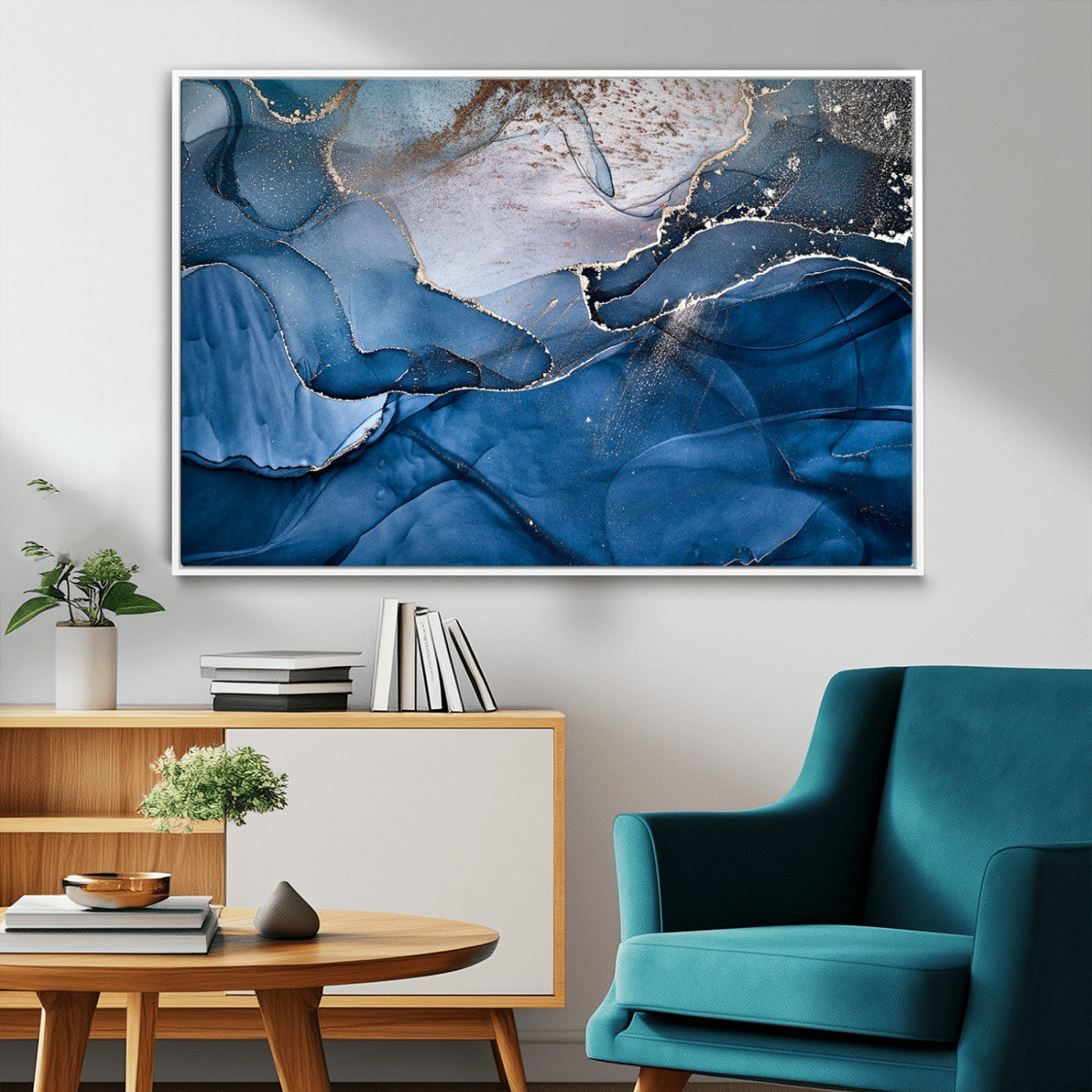 27810-MGV-CV-36X24-Abstract Blue Gold Fluid Art Wall – Modern Canvas Print, Elegant Home & Office Wall Art, Stylish Living Room or Bedroom Decor