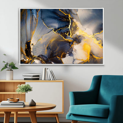 42100-MGV-FC-36X24_White-Golden Flow Abstract Wall Art – Panoramic Modern Blue and Gold Canvas Print, Contemporary Artistic Decor for Home, Office