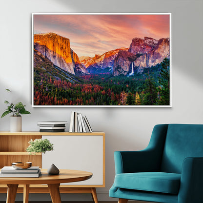 24519-MGV-FC-36X24_White-Yosemite Valley Sunset Wall Art – Majestic Mountain Landscape with Waterfall and Vibrant Sky, Nature Photography for Home or